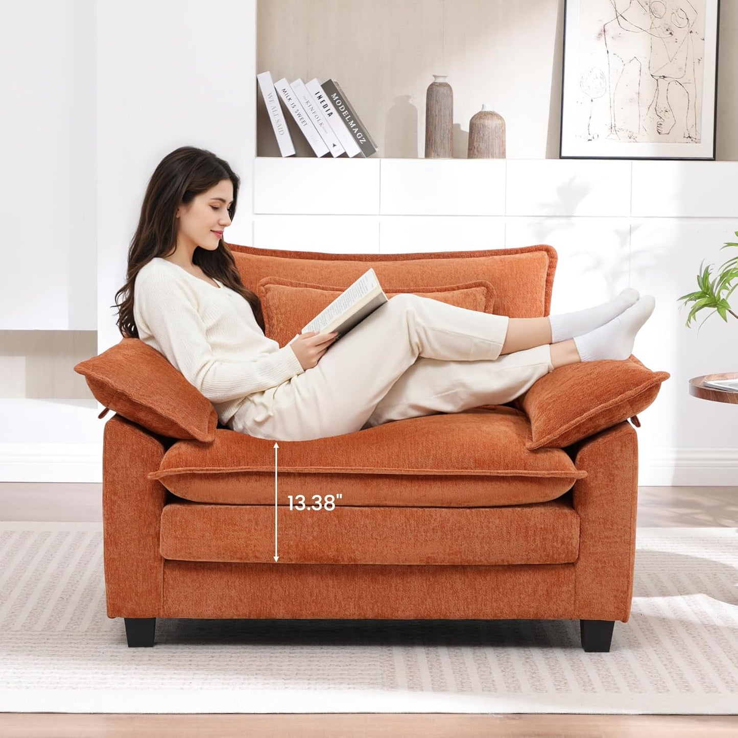 Modern Oversized Accent Chairs Set of 2,Chenille Cloud Sofa Chair with Deep Seat,Upholstered Armchair with Extra Thick,Comfy Reading Chairs for Living Room Bedroom Terracotta Orange