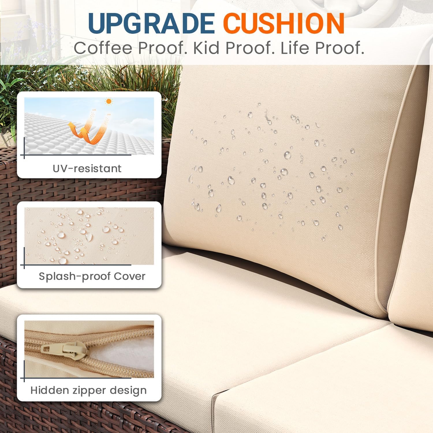 Wisteria Lane 4 Piece Patio Furniture Set, Wicker Outdoor Patio Conversation Furniture Set, All Weather Outdoor Patio Sofa with Cushion and Glass Table, Brown