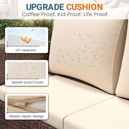 Wisteria Lane 4 Piece Patio Furniture Set, Wicker Outdoor Patio Conversation Furniture Set, All Weather Outdoor Patio Sofa with Cushion and Glass Table, Brown