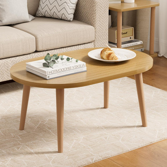 Coffee Table Low Table with Solid Wood Legs, Small Oval Coffee Table Side Table, Floor Table Desk for Sitting on The Floor, Storage and Living Room Furniture for Office Apartment Home, Natural