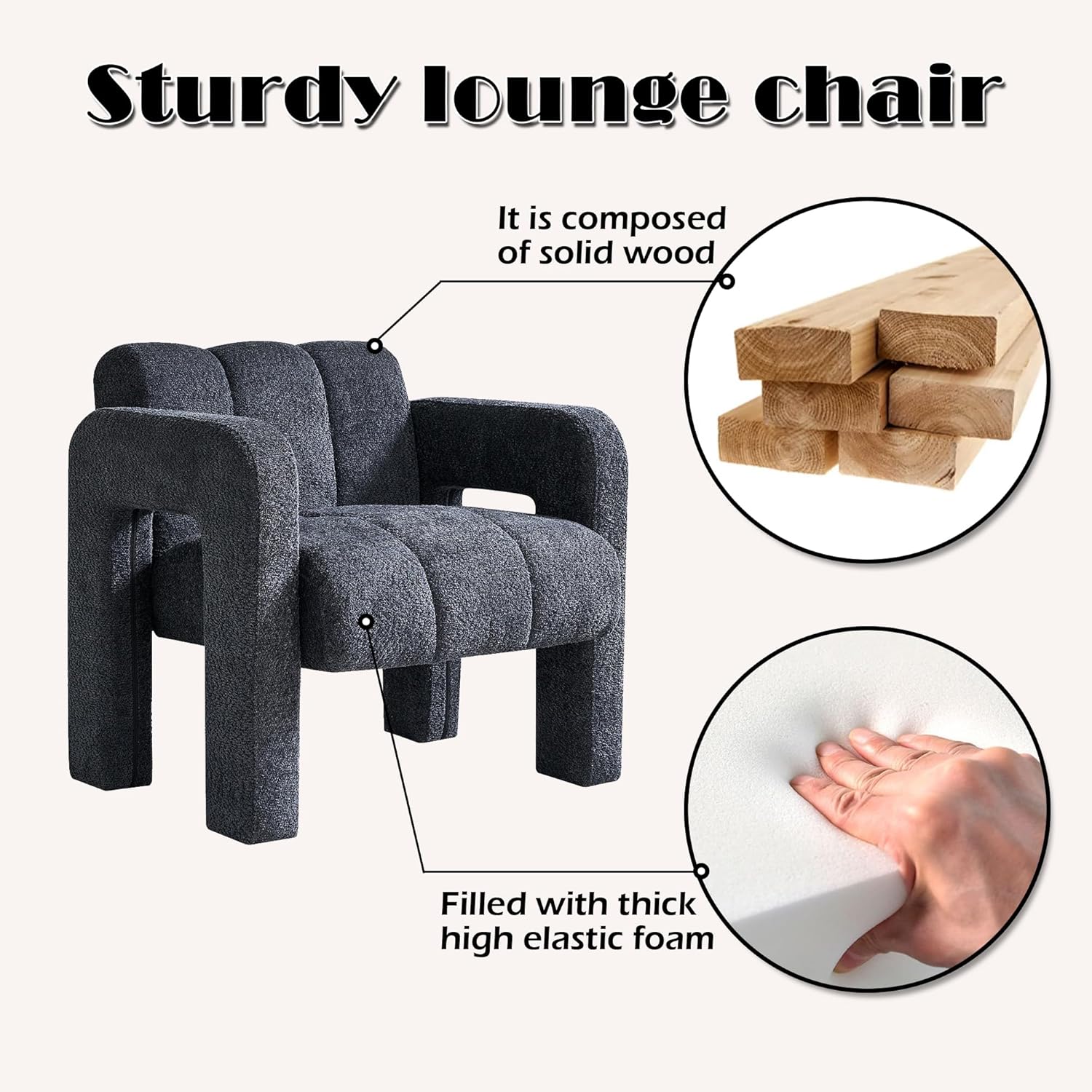 Yoglad Modern Accent Chair, Bouclé Fabric Upholstered Armchair, Comfy Single Chair for Living Room Lounge Bedroom Office-Dark Grey