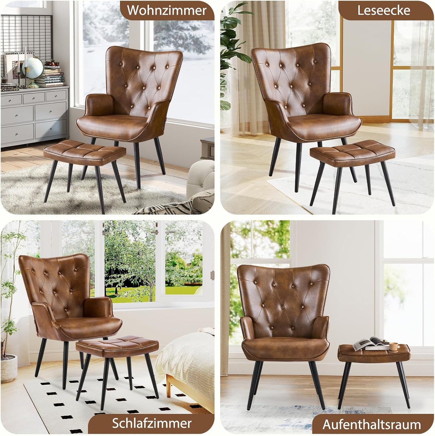 Armchair with Stool, Wing Chair with Stool Made of PU Leather, Armchair, Living Room Recliner Chair with Footrest, Lounge Chair, Upholstered Chair for Living Room, Bedroom, Study, Brown