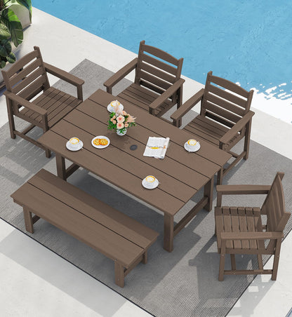 SERWALL Outdoor HDPE Dining Table Set, 7-Piece Outdoor Dining Table Sets with Umbrella Hole Cut-Out Table and 6 Chairs, Gray