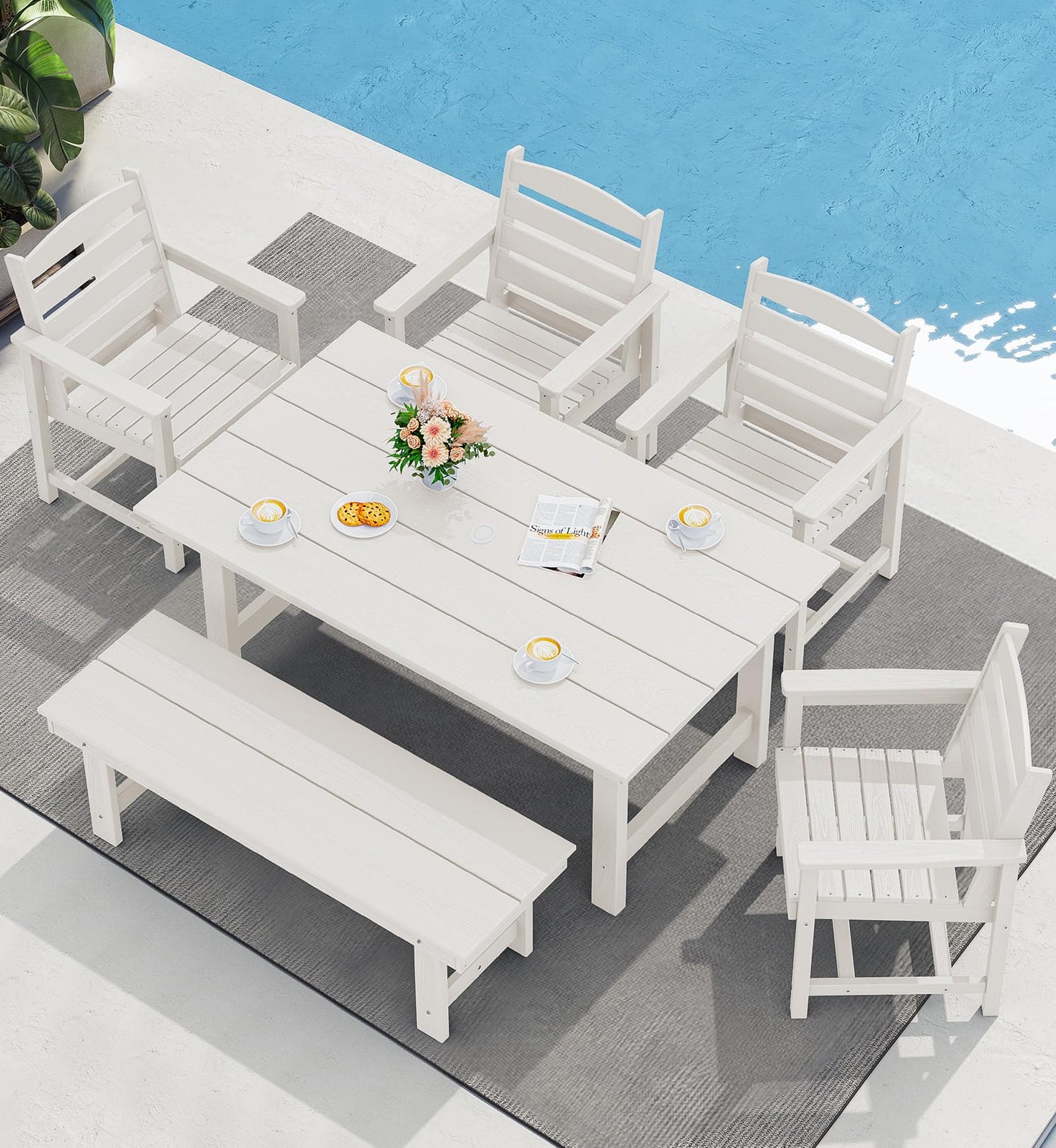 SERWALL Outdoor HDPE Dining Table Set, 7-Piece Outdoor Dining Table Sets with Umbrella Hole Cut-Out Table and 6 Chairs, Gray