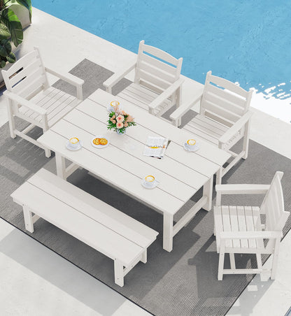 SERWALL Outdoor HDPE Dining Table Set, 7-Piece Outdoor Dining Table Sets with Umbrella Hole Cut-Out Table and 6 Chairs, Gray