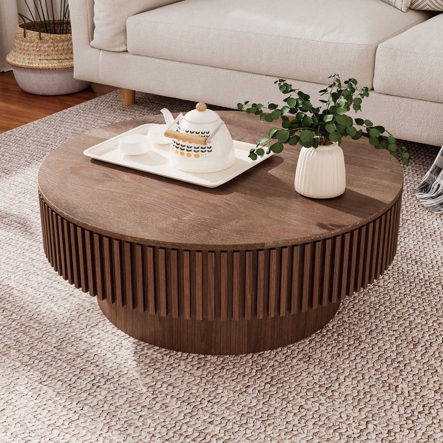 Round Coffee Table with Storage, Modern Wooden Coffee Table with Solid Wood Veneered, Circle Center Table Accent Tea Table for Living Room Apartment Small Space (31.5''L × 31.5''W × 14''H, Natural)