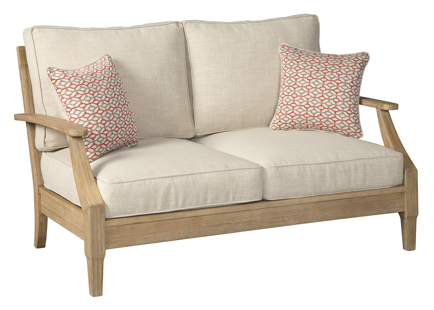 Signature Design by Ashley Clare View Outdoor Patio Sofa, 4 Throw Pillows, Nuvella Weather Resistant Fabric, Eucalyptus Wood, 81" W x 35" D x 32" H, Beige