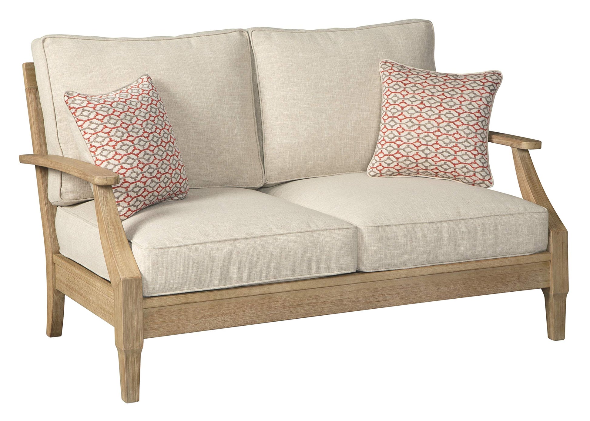 Signature Design by Ashley Clare View Outdoor Patio Sofa, 4 Throw Pillows, Nuvella Weather Resistant Fabric, Eucalyptus Wood, 81" W x 35" D x 32" H, Beige
