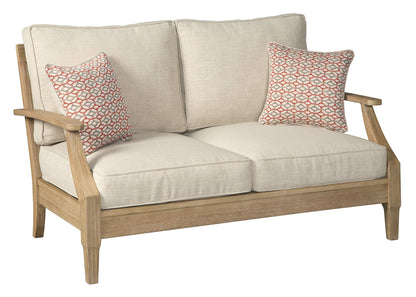 Signature Design by Ashley Clare View Outdoor Patio Sofa, 4 Throw Pillows, Nuvella Weather Resistant Fabric, Eucalyptus Wood, 81" W x 35" D x 32" H, Beige
