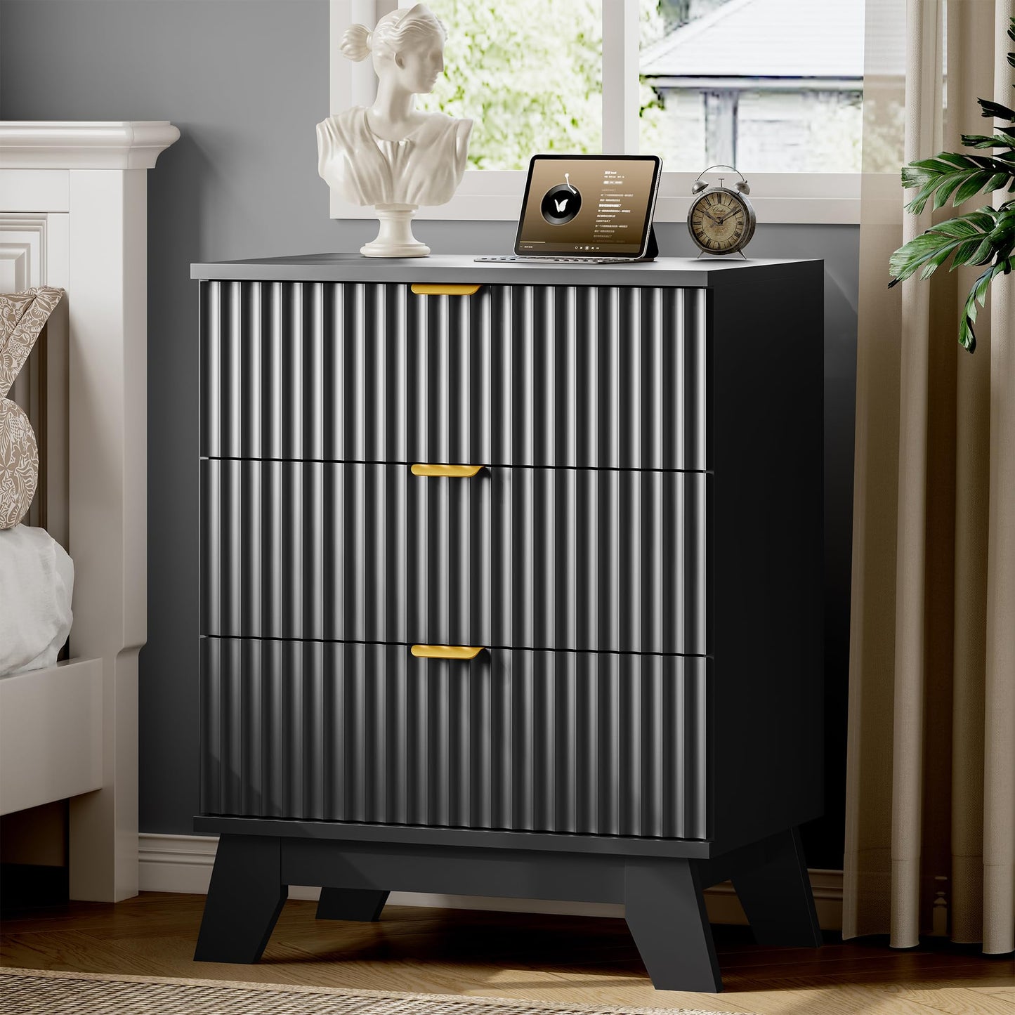 Fluted Nightstand, 24" Wide Side Table with 3 Large Storage Drawers, Mid Century Modern Wood Night Stand with Metal Handle, Wooden Bedside End Table for Bedroom, Living Room, Closet, Natural Oak