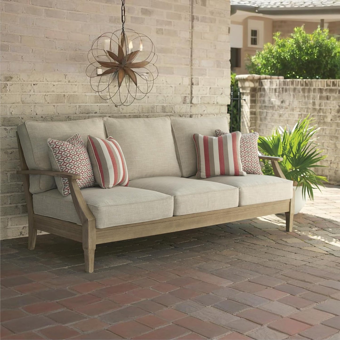 Signature Design by Ashley Clare View Outdoor Patio Sofa, 4 Throw Pillows, Nuvella Weather Resistant Fabric, Eucalyptus Wood, 81" W x 35" D x 32" H, Beige