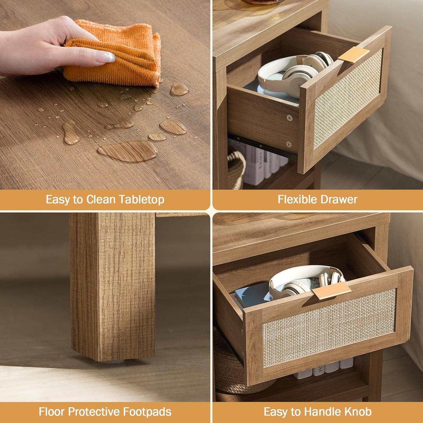 SICOTAS Rattan Nightstands Set of 2 - Farmhouse Night Stand with Drawer and Storage Shelf - Boho Bedside Table End Side Table for Bedroom, Oak