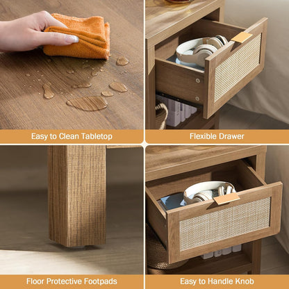 SICOTAS Rattan Nightstands Set of 2 - Farmhouse Night Stand with Drawer and Storage Shelf - Boho Bedside Table End Side Table for Bedroom, Oak