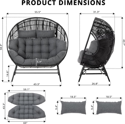 IRONCK 2 Person Egg Chair Outdoor Indoor, Oversized Double Wicker Lounge Chair, Thickened Padded Cushions and Headrests, 680Lbs Egg Loveseat for Patio, Balcony, Living Room, Porch, Gray