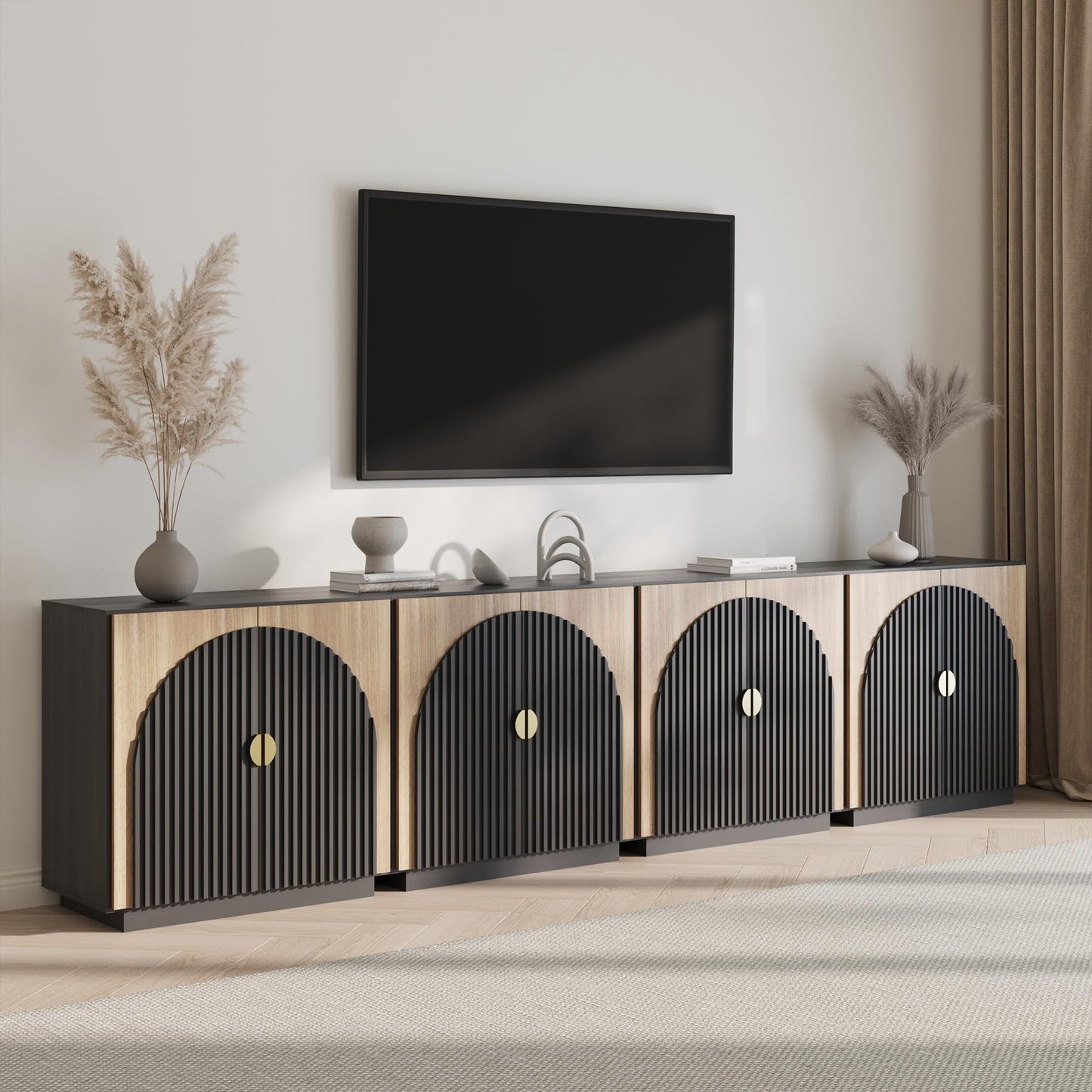 BELLEZE 65 Inch Fluted Buffet Cabinet with Storage, Symmetrical Arc Accent Sideboard Large Console Table for Dining Room, Kitchen, and Living Room (Camel)