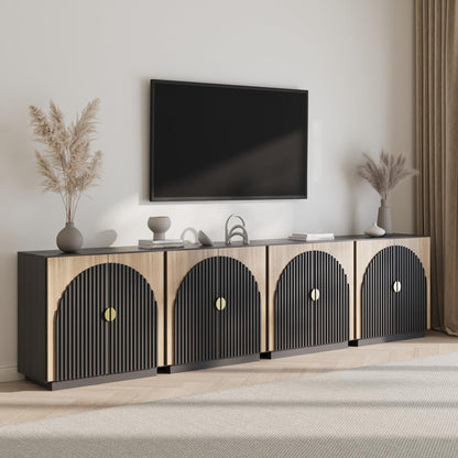 BELLEZE 65 Inch Fluted Buffet Cabinet with Storage, Symmetrical Arc Accent Sideboard Large Console Table for Dining Room, Kitchen, and Living Room (Camel)