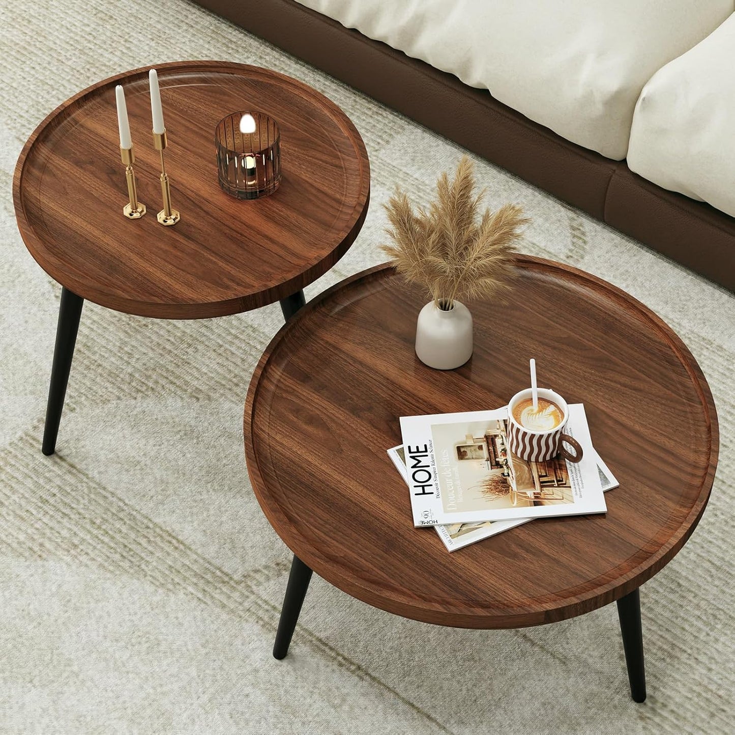 2 Pcs Mid Century Modern Coffee Table Round for Living Room,Easy Assembly Nesting Coffee Tables,Minimalist Circle Walnut Coffee Table for Bedroom Office Balcony Yard
