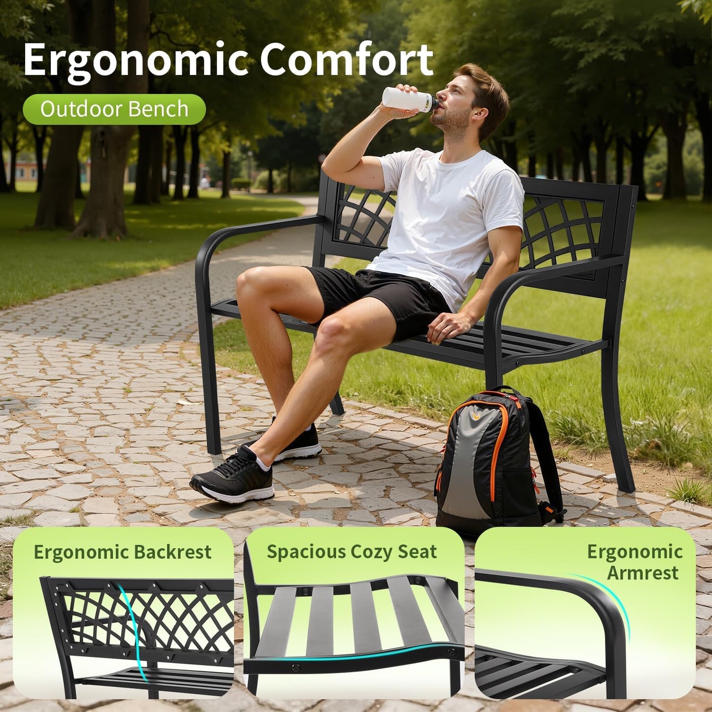 Garden Bench,Outdoor Benches,Iron Steel Frame Patio Bench with Mesh Pattern and Plastic Backrest Armrests for Lawn Yard Porch Work Entryway,Black