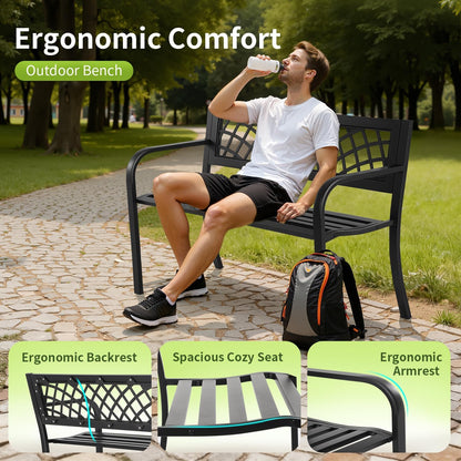 Garden Bench,Outdoor Benches,Iron Steel Frame Patio Bench with Mesh Pattern and Plastic Backrest Armrests for Lawn Yard Porch Work Entryway,Black