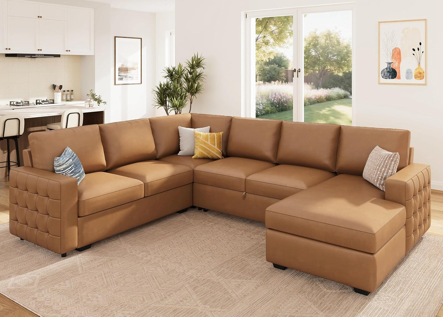 HONBAY Sleeper Sectional Couch with Pull-Out Bed Sectional Sleeper Sofa Pull Out Bed with Storage Chaise, 6 Seaters Couch for Living Room, Faux Leather Brown