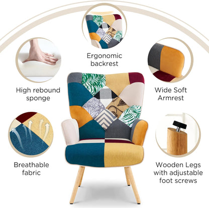 Accent Chair, Living Room Chair, Modern High Back Armchair, Colorful Patchwork Reading Chairs for Bedroom, Lounge Chair with Linen Fabric Shell and Solid Wood Feets (1, Colorful)