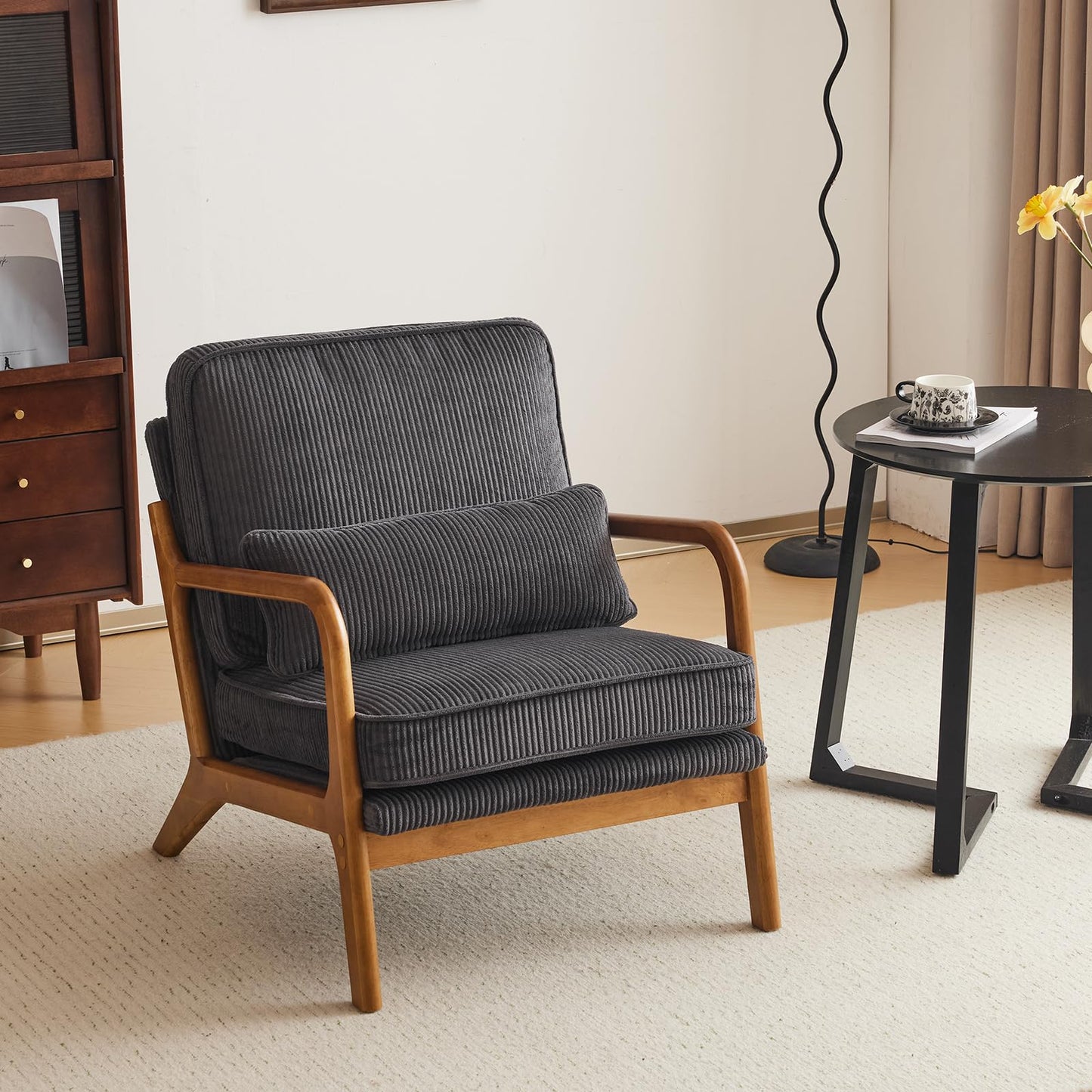 Karl home Accent Chair Mid-Century Modern Chair with Pillow Linen Fabric Upholstered Lounge Arm Chair with Solid Wood Frame & Soft Cushion for Living Room, Bedroom, Balcony, Beige