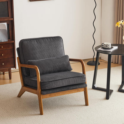 Karl home Accent Chair Mid-Century Modern Chair with Pillow Linen Fabric Upholstered Lounge Arm Chair with Solid Wood Frame & Soft Cushion for Living Room, Bedroom, Balcony, Beige