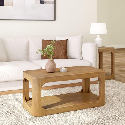 Plank+Beam Small Forma Coffee Table, Solid Wood 40 Inch Modern Coffee Table with Shelf, Contemporary Center Table with Storage Space, Rectangle Tea Table with Storage, Pecan
