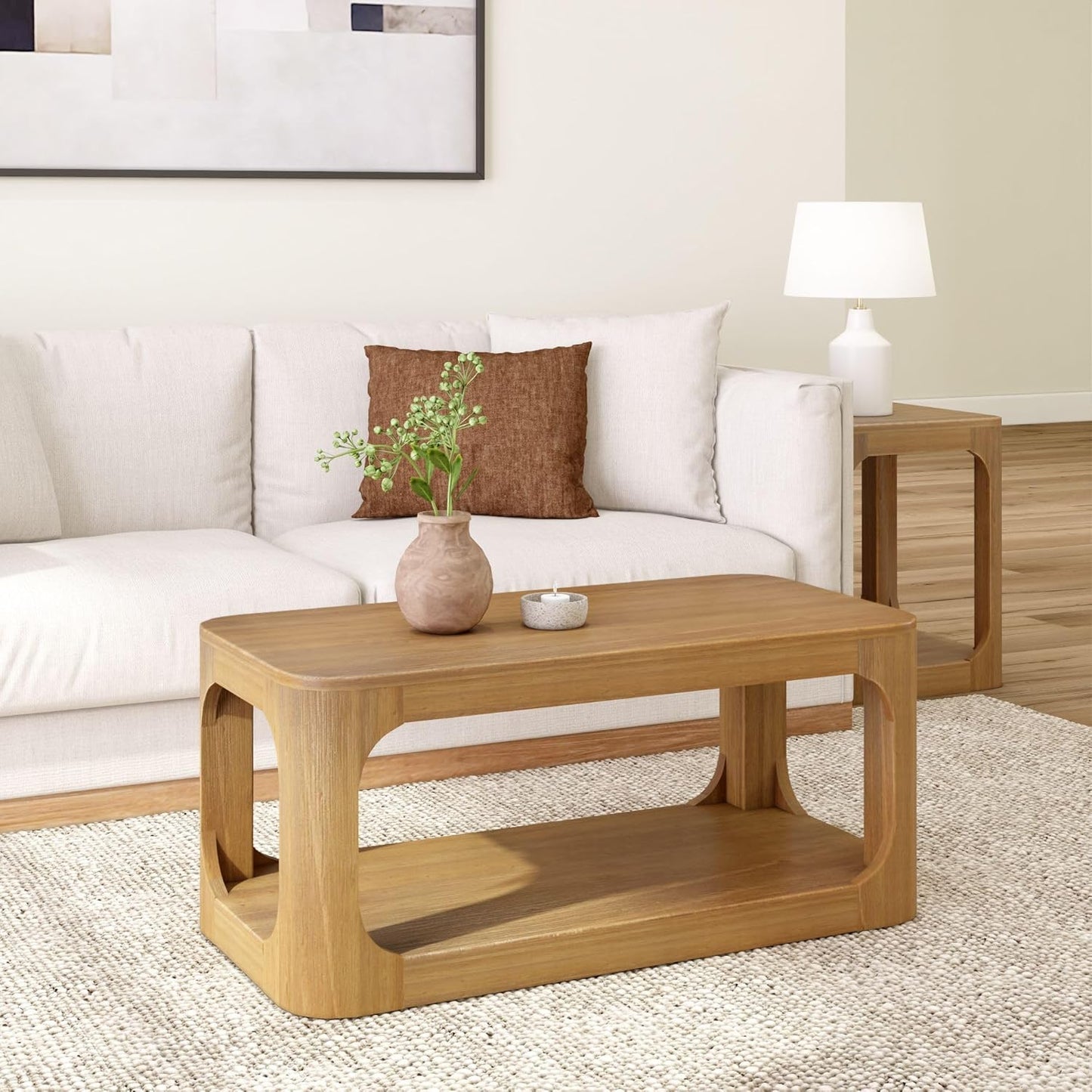 Plank+Beam Small Forma Coffee Table, Solid Wood 40 Inch Modern Coffee Table with Shelf, Contemporary Center Table with Storage Space, Rectangle Tea Table with Storage, Pecan
