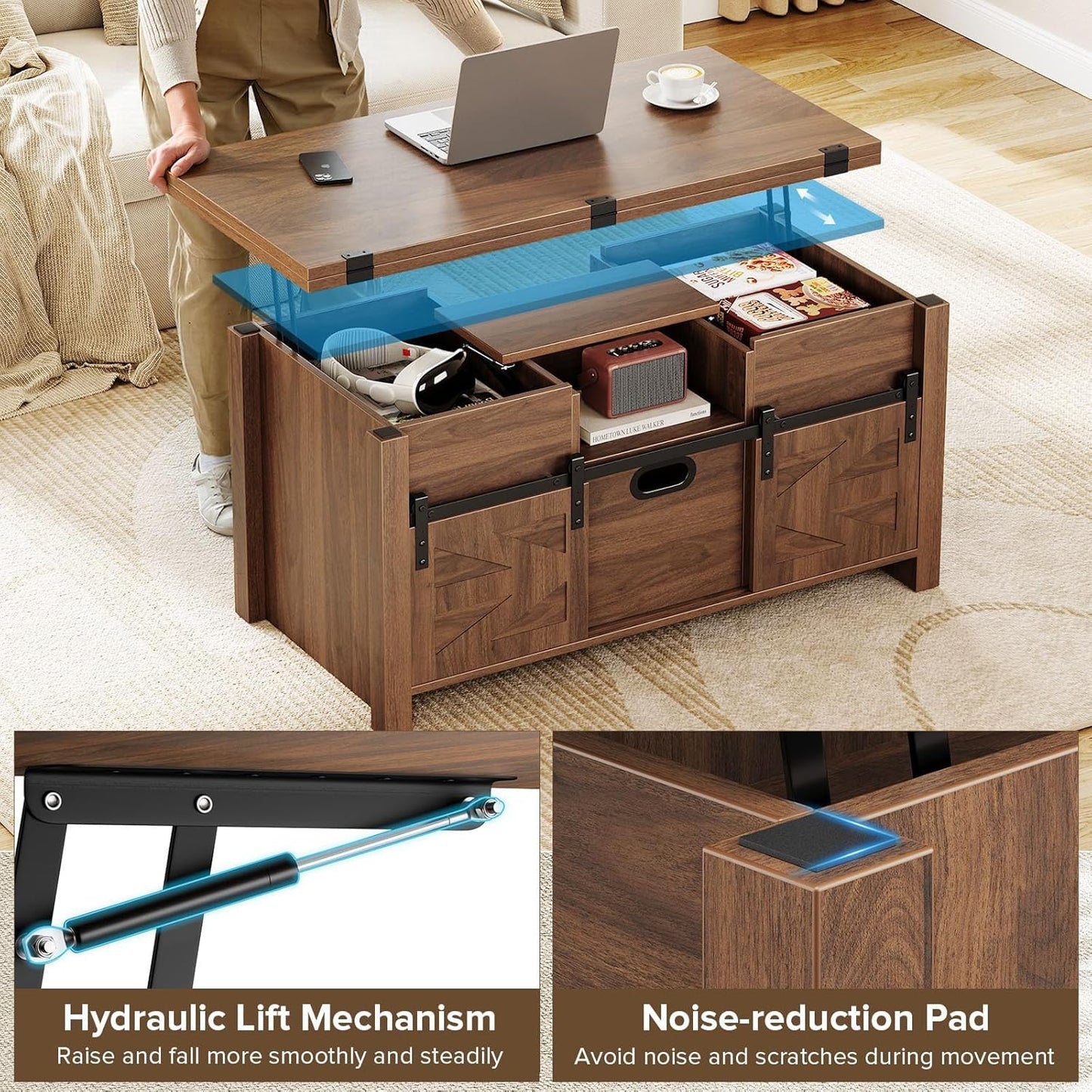 40" Farmhouse Lift Top Coffee Table with Sliding Barn Door,4 in 1 Multi-Function Coffee Tables with Storage Drawers & Hidden Compartment,Converts to Dining Table for Living Room,Walnut