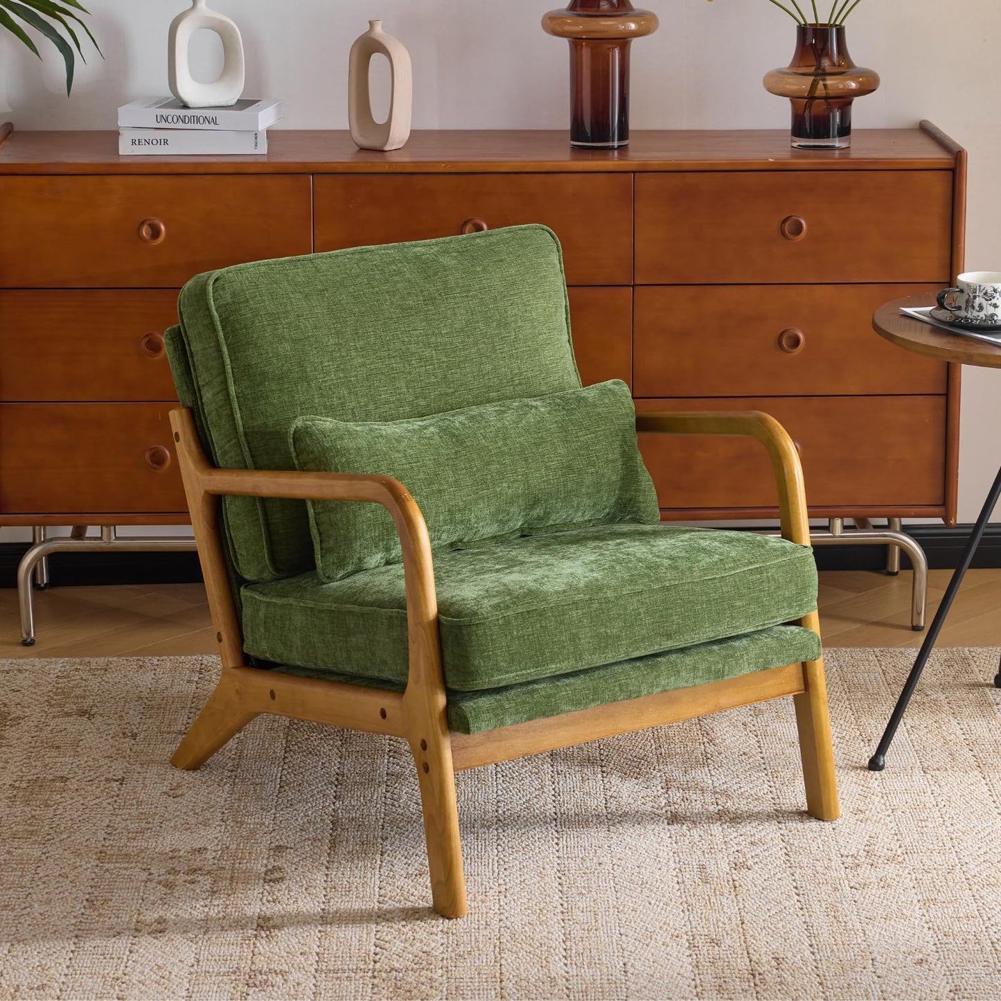 Karl home Accent Chair Mid-Century Modern Chair with Pillow Linen Fabric Upholstered Lounge Arm Chair with Solid Wood Frame & Soft Cushion for Living Room, Bedroom, Balcony, Beige