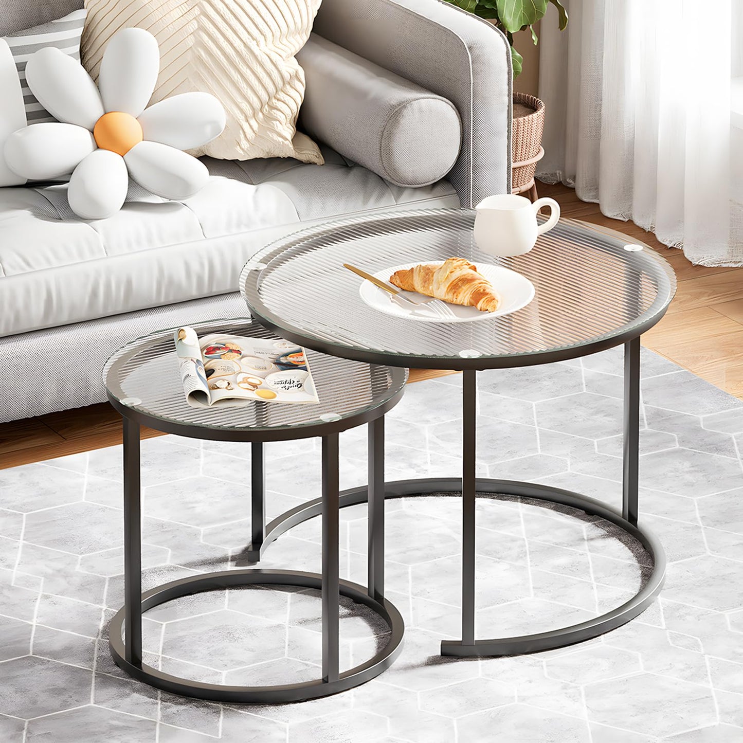 aboxoo Coffee Table Nesting White Set of 2 Side Set Golden Frame Circular Round and Marble Pattern Wooden Tables, Living Room Bedroom Apartment Modern Industrial Simple Nightstand