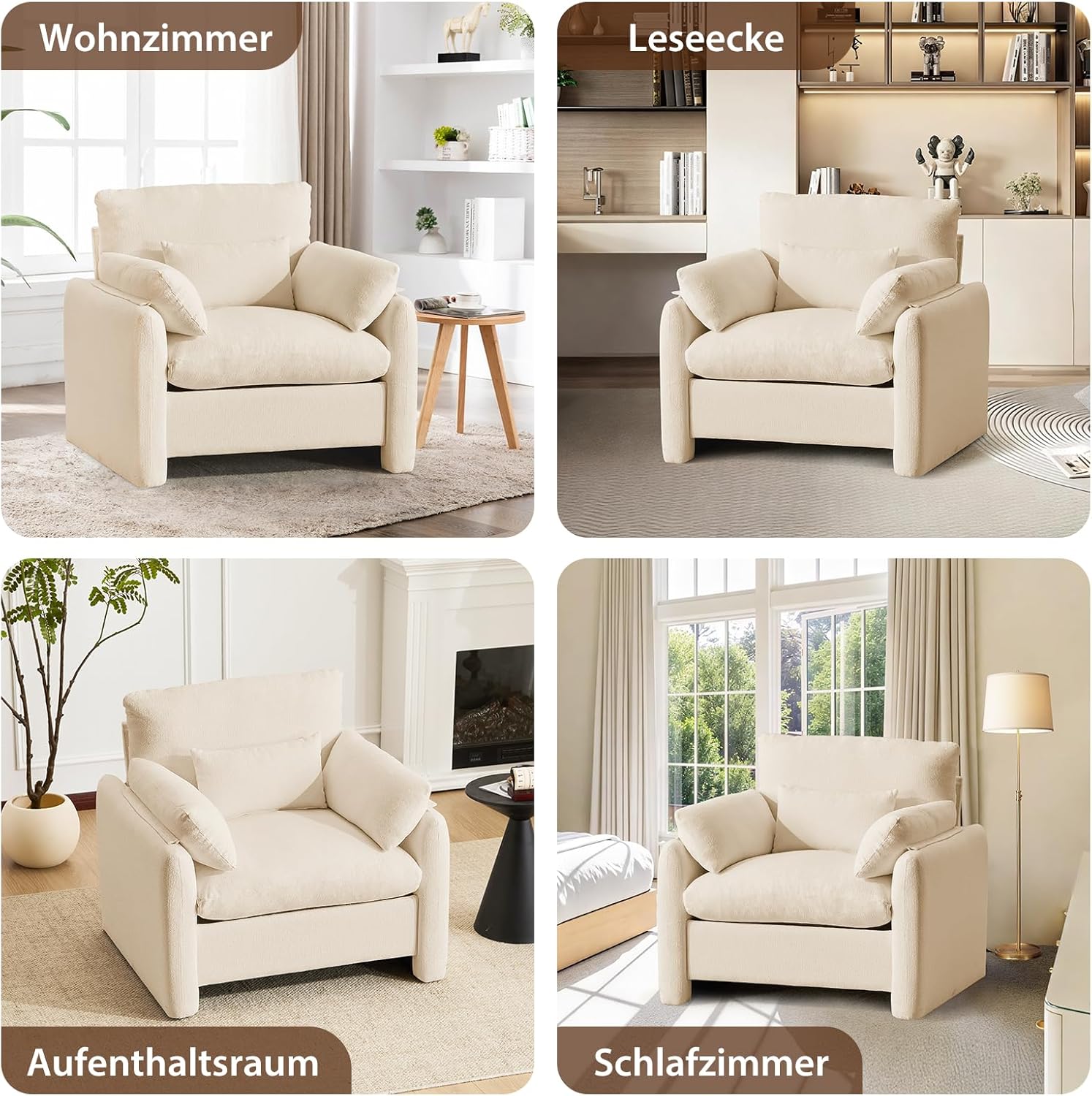 Extra Large Wing Chair, Living Room, 93.5 cm Upholstered Chair, TV Chair, Single Sofa with Removable Armrest & Throw Cushion, Single Sofa Reading Chair for Living Room, Bedroom, Beige