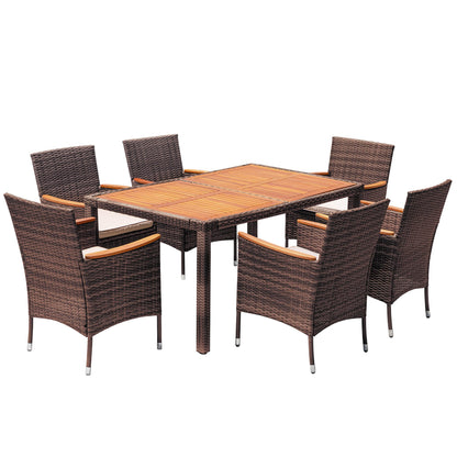 Devoko Dining 7 PCS Furniture, Patio Conversation Set with Acacia Wood Table Top, Outdoor, Beige Cushion and Black Rattan