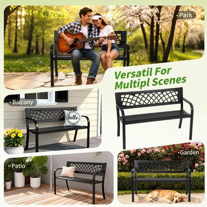 Garden Bench,Outdoor Benches,Iron Steel Frame Patio Bench with Mesh Pattern and Plastic Backrest Armrests for Lawn Yard Porch Work Entryway,Black