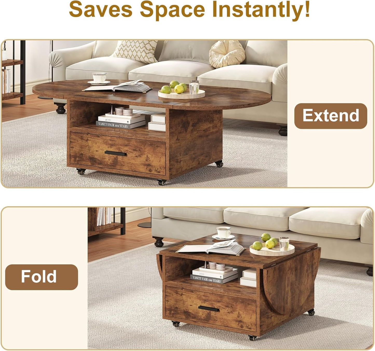 IBF Coffee Table with Storage, Wood Oval Living Room Table with Drawer, Multifunctional Rustic Foldable Center Table, Extendable Tea Table with Wheels for Home Bedroom Office, Rustic Brown, 47 in