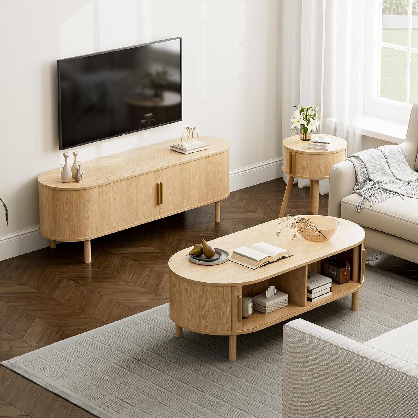 Coffee Table for Living Room, Modern Oval Coffee Table with Cabinets & Sliding Doors, Home Small Space, 29.9" Fluted Center Table, Natual