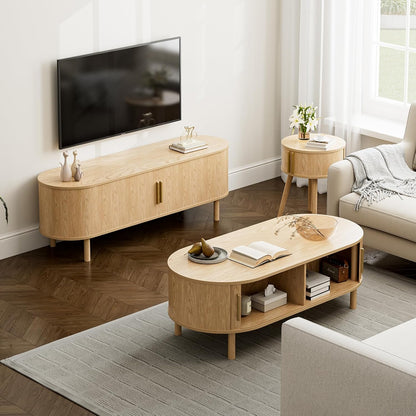 Coffee Table for Living Room, Modern Oval Coffee Table with Cabinets & Sliding Doors, Home Small Space, 29.9" Fluted Center Table, Natual