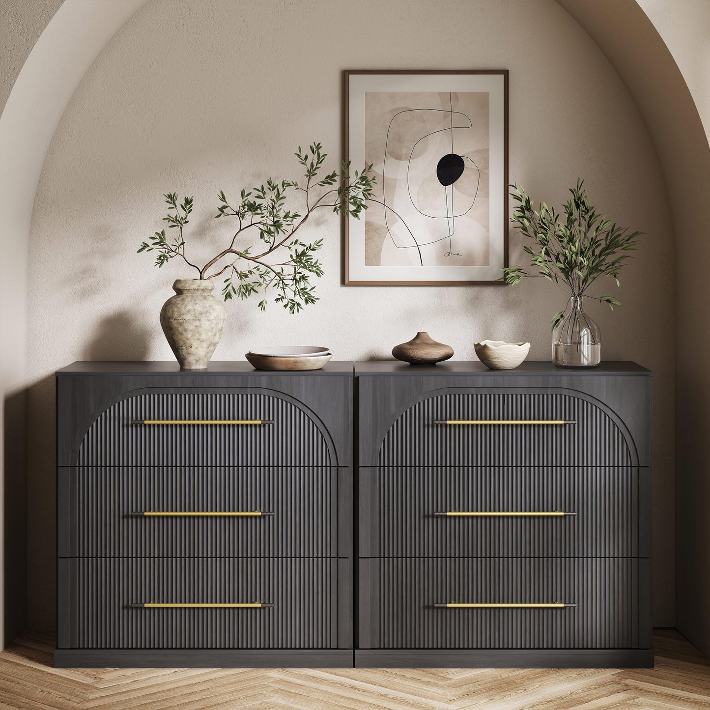 BELLEZE 65 Inch Fluted Buffet Cabinet with Storage, Symmetrical Arc Accent Sideboard Large Console Table for Dining Room, Kitchen, and Living Room (Camel)