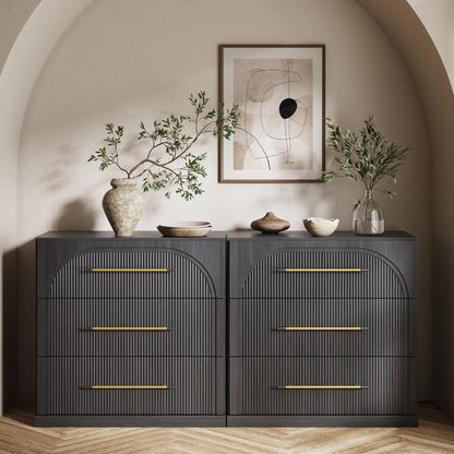 BELLEZE 65 Inch Fluted Buffet Cabinet with Storage, Symmetrical Arc Accent Sideboard Large Console Table for Dining Room, Kitchen, and Living Room (Camel)