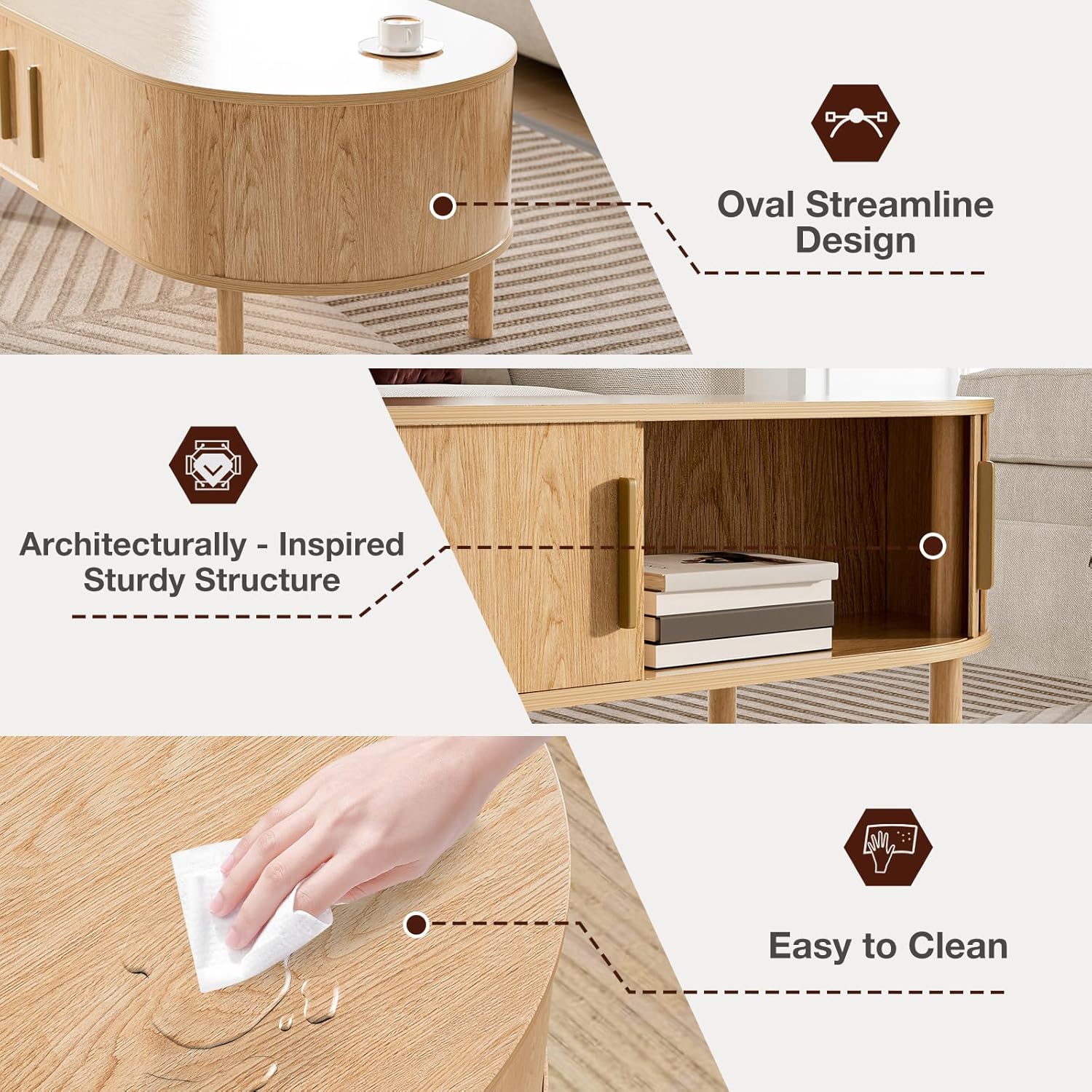 Coffee Table for Living Room, Modern Oval Coffee Table with Cabinets & Sliding Doors, Home Small Space, 29.9" Fluted Center Table, Natual