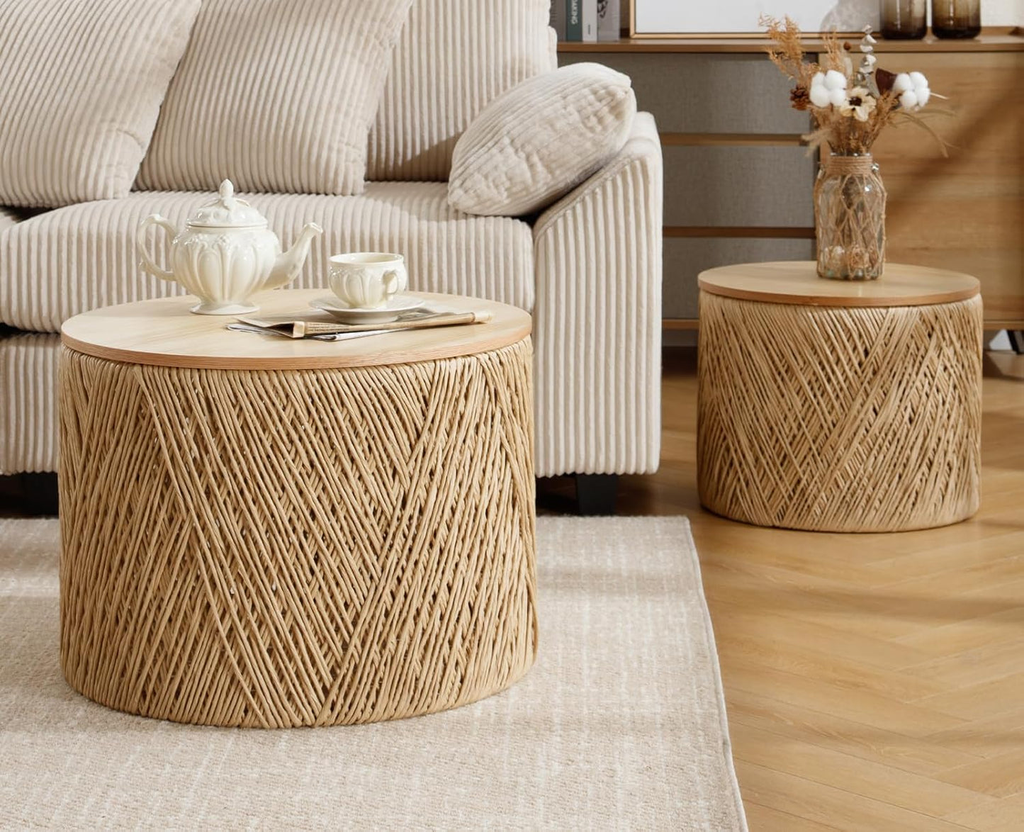 chairus Nesting Coffee Table Set of 2 Woven Round Coffee Table with Storage Solid Wood Side Table for Small Spaces, Living Room, Bedroom, Office, Natural