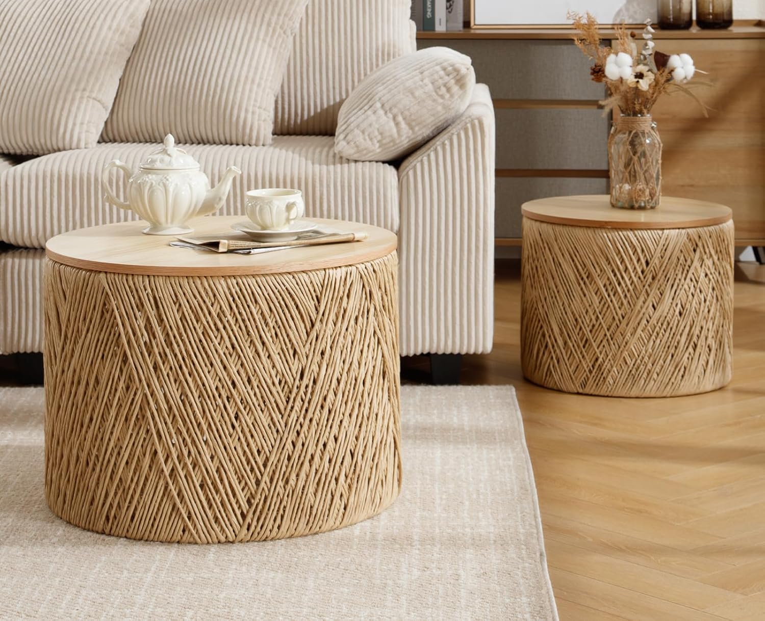 chairus Nesting Coffee Table Set of 2 Woven Round Coffee Table with Storage Solid Wood Side Table for Small Spaces, Living Room, Bedroom, Office, Natural