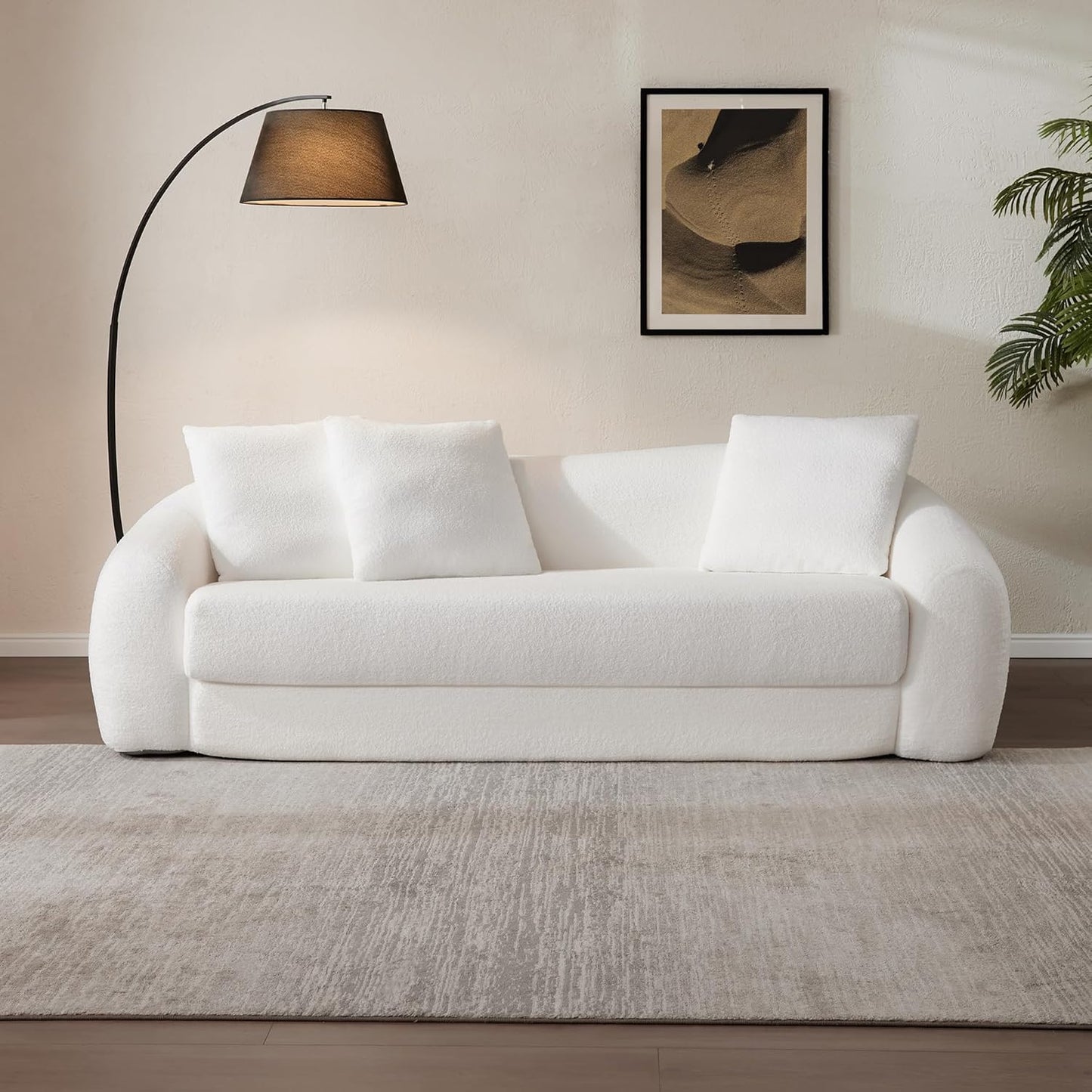 SICOTAS 90.6" Curved Convertible Sofa Couch Bed for Living Room Futon Cloud Boneless Sleeper Sofa Pull Out Floor Couch with Deep Seat Modern 3 Seater Foam Bed No Assembly for Bedroom Apartment, White