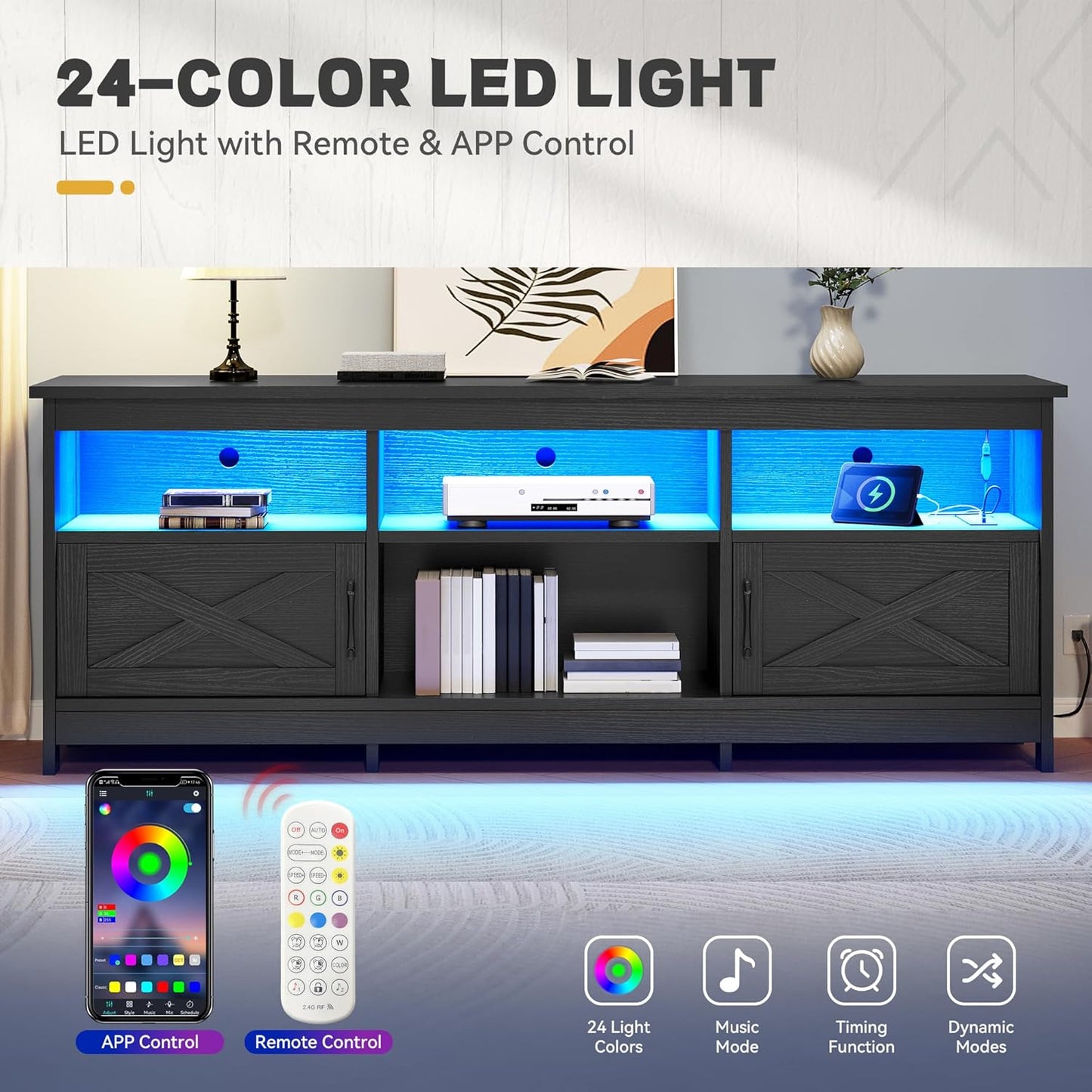 YITAHOME TV Stand for 80/75/70 Inch TVs with LED Lights, Farmhouse Entertainment Center with Storage Cabinets, Open Shelves & Adjustable Shelf for Living Room, Black