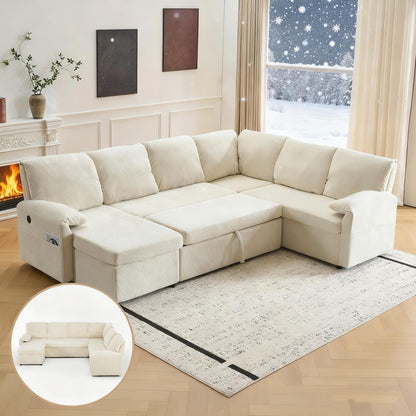 VINGLI Beige Loveseat Sleeper Sofa, Convertible Futon Sofa Bed Faux Leather Pullout Couch Bed with USB Ports, Cup Holders, Armrest for Living Room, Bedroom, Home Office Apartment