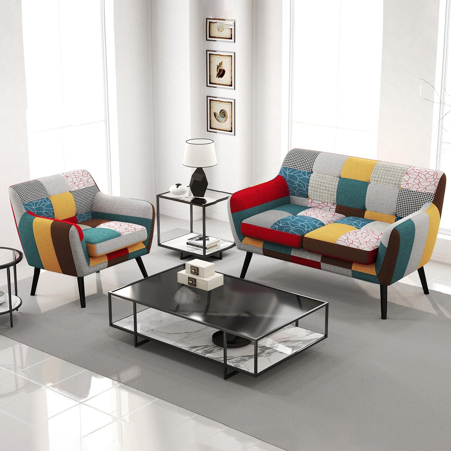 Bonzy Home Modern Oversized Accent Chair for Living Room, Colorful Boho Linen Fabric Upholstered Armchair with Wood Legs, Single