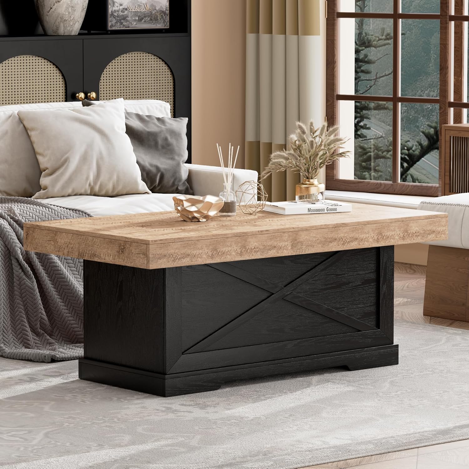 Coffee Table 39 in Rustic Center Table with X-Design Wooden Pedestal for Living Room, Space Saving, Rectangle Home Office Tea Accent Table for Apartment, Dark Oak Black