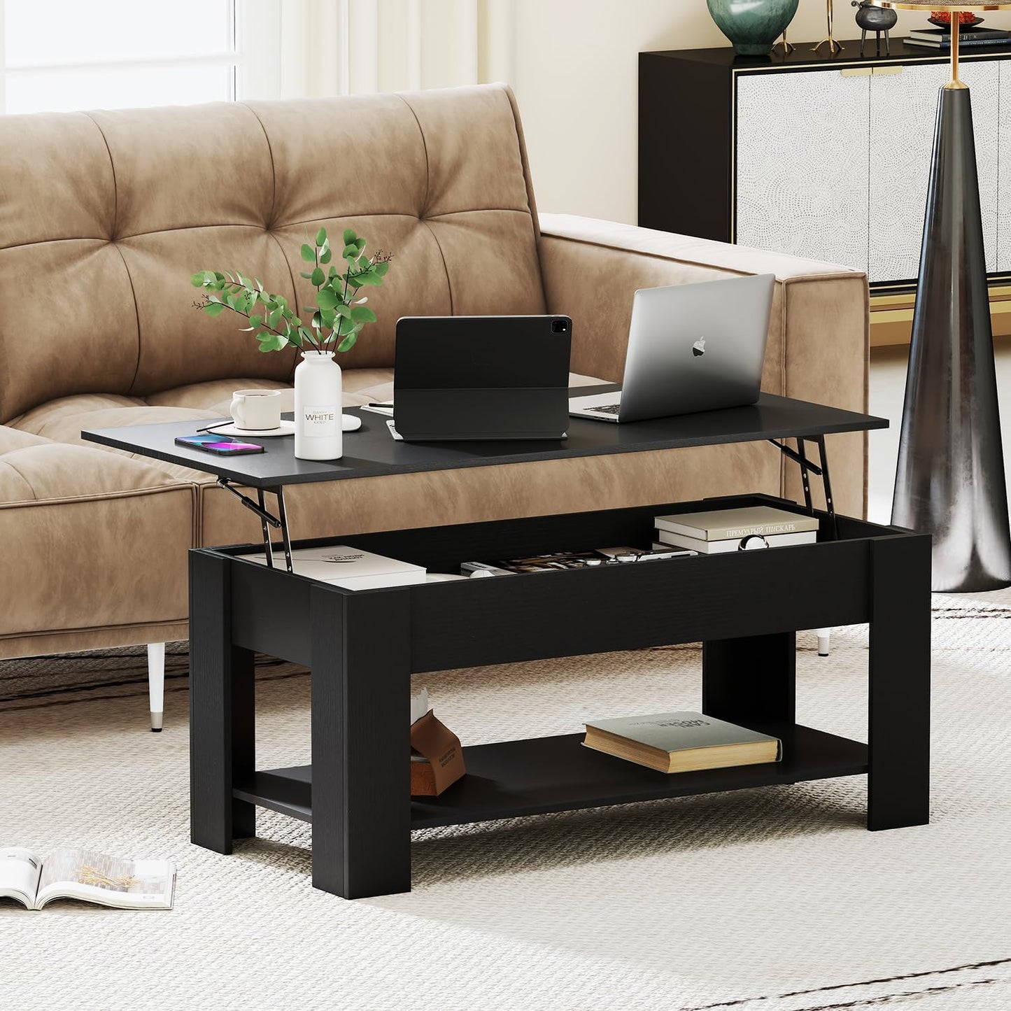 FDW 39.4" Lift Top Coffee Table with Hidden Compartment and Storage Shelf Wooden Lift Tabletop for Home Living Room Reception Room Office,Bark Black