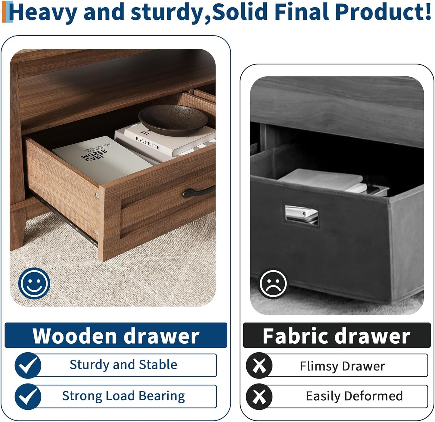 GarveeHome Farmhouse Coffee Table with Drawers, 47.2 in Center Table Rustic Coffee Tables Walnut Center Table with Open Shelf, 6 Support Legs